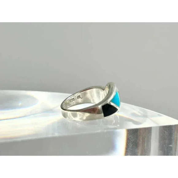 Onyx & Turquoise Inlaid Geometric Southwestern Style Vintage Unisex Ring sz 4.5 - Picture 2 of 8